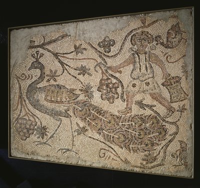 Golvmosaikpanel: Druvskördare med påfågel, 400-tal av Byzantine