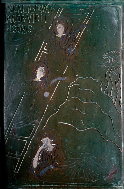 Jakob ser i dröm änglarna stiga upp och ner på bronsdörrsskalan tillverkad i Konstantinopel 1076. Monte Sant 