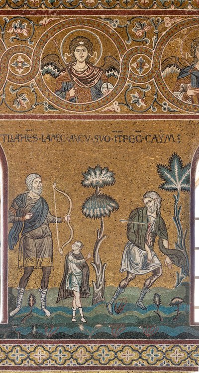 Lemek dödar Kain, Bysantinsk mosaik, Gamla testamentets cykel - det jordiska paradiset, XII-XIII-talet (mosaik) av Byzantine