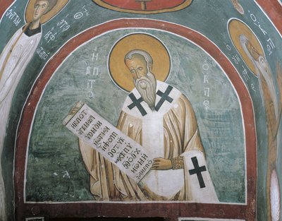 Målningar av ett helgon som håller ett brev, St. Ignatius av Antiokia, Panagia Too Araka, Lagoudera, Cypern av Byzantine