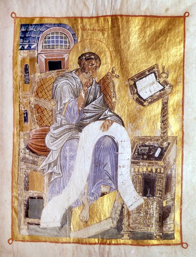 Saint Mark representerat i ett bysantinskt manuskript från 1200-talet, London, Victoria och Albert. av Byzantine