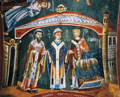 Sankt Nikolaus Vigde biskop av Myra, detalj från berättelserna om Sankt Nikolaus, romansk fresk, bysantinsk stil, sent 1000-tal, kapellet Sankt Eldrad och Sankt Nikolaus, Novalesa Abbey, Piemonte, Italien. av Byzantine