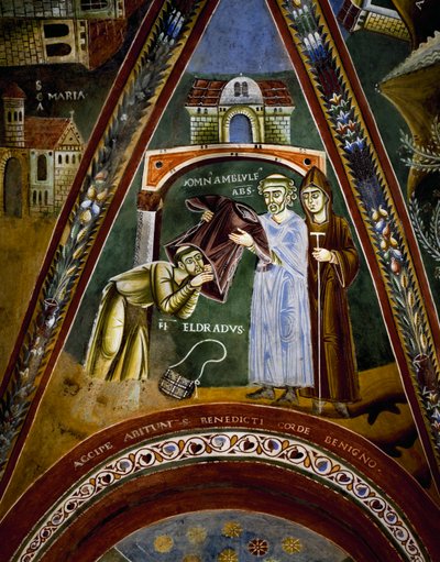St Nicola, berättelser om livet för St Eldrad och St Nicholas, St Eldrado vände sig mot St James of Compostela: tar emot en klostervana från Abbot of Novalesa, detalj av Byzantine