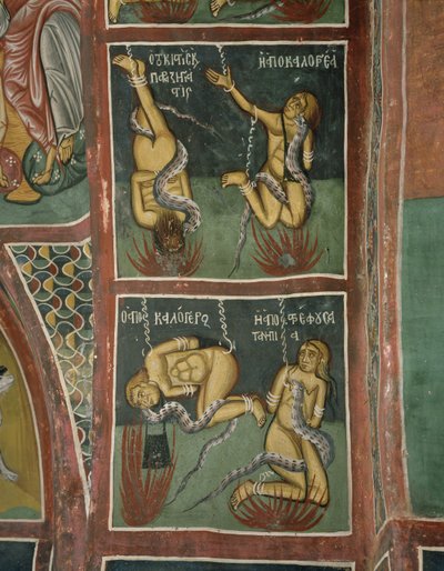 The Damned: The Usurer and the Sinful Nun (ovan), the Lapsed präst and the Bad Mother (nedan) (fresk) av Byzantine