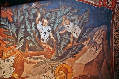 Kristi inträde i Jerusalem. Detalj: Barn som skär palmgrenar - Peinture de Damiane (aktivt 1300-tal) - 1300-tal - Fresco - Saint George