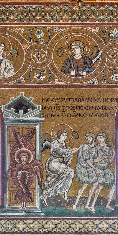 Utvisningen från det jordiska paradiset, bysantinsk mosaik, Gamla testamentets cykel-jordiska paradiset, XII-XIII-talet (mosaik) av Byzantine