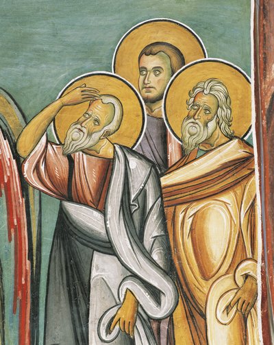 Tre personer i en kyrka, Panagia tou Araka, bysantinska, Troodosbergen, Cypern av Byzantine