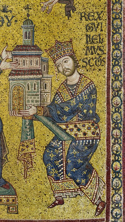 tvärskepp: den bysantinska mosaiken som föreställer kung Vilhelm II som erbjuder katedralen till Jungfru Maria, detalj (mosaik) av Byzantine