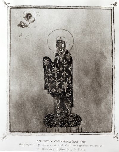 Alexius I Comnenus (1048-1118), bysantinsk kejsare (1081-1118) (vellum) (s/v foto) av Byzantine Byzantine
