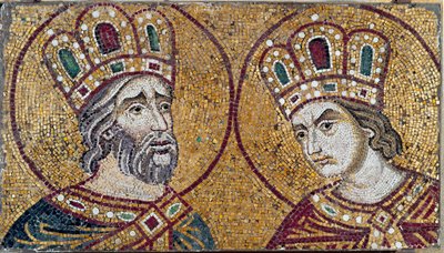 Den romerske kejsaren Konstantin I, med Saint Helene, hans mor (mosaikdetalj) av Byzantine Byzantine