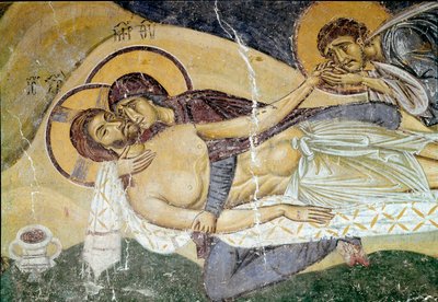 Bysantinsk konst: "Klagan över Kristi död"" Målares fresk från 1100-talet. Detalj. Nerezi, San Pantaleimone, Macedoine av Byzantine School
