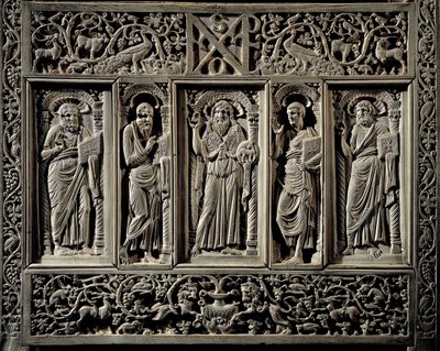 Bysantinsk konst: "" Johannes Döparen och de fyra evangelisterna"" underlägsen detalj av ordföranden för eveque of Ravenna Maximien (546-554) trone biskopsstol (cathedra) i elfenben, realiserar förmodligen en Constantinople Ravenna, Museo Arcivescovile (by av Byzantine School