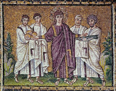 Bysantinsk konst: "Mångfaldigandet av bröd och fisk" Mosaik från 600-talet. Basilikan Saint Apollinar the Nine i Ravenna (Sant