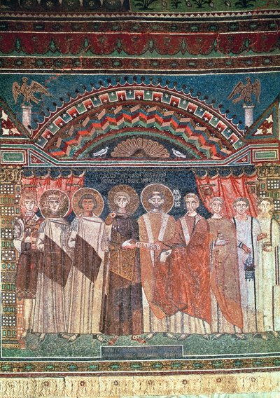 Konstantin IV (654-85) beviljar biskop Reparatus privilegier för kyrkan i Ravenna, 671-77 (mosaik) av Byzantine School