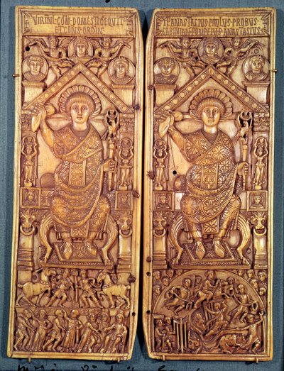 Konsulär diptyk av Anastasius (491-518) ristad i Konstantinopel, teodosisk stil, 517 e.Kr. av Byzantine School