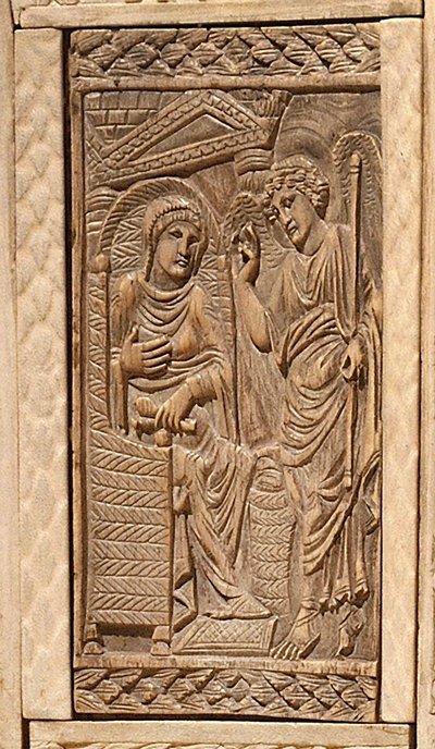 Detalj av bebådelsen, från biskop Maximianus ordförande (inlagt trä och elfenben) av Byzantine School