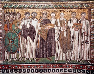 Kejsar Justinianus I och hans följe av ämbetsmän, vakter och präster, ca 547 e.Kr (mosaik) av Byzantine School