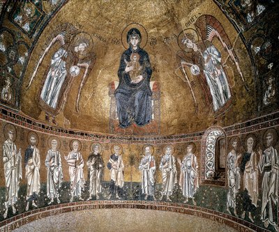 Tronande jungfru med ärkeänglar och apostlar (mosaik) av Byzantine School