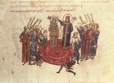 MMS Vitr. 26-7 Kejsar Michael I Rangabes kröntes av Nicephorus 811, från Madrid Skylitzes av Byzantine School