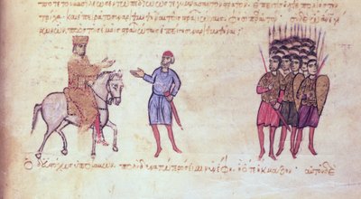 MMS Vitr 26-7 Den bysantinska armén sätter bulgarerna från Tzar Krum på flykt, från Madrid Skylitzes (bläck & guld på veläng) av Byzantine School