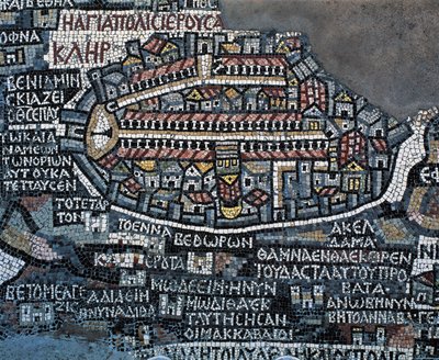Madaba mosaik karta (Karta över det heliga landet), 560, mosaik i grekisk-ortodoxa basilikan St George, Madaba, Jordanien, bysantinsk civilisation, 600-talet (mosaik) av Byzantine School