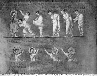 Ms EAB 664 Gemenskapen mellan sex apostlar, från Codex Purpureus av Byzantine School