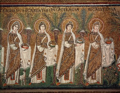 Procession av jungfrur (Detalj av mosaik, 600-talet) av Byzantine School