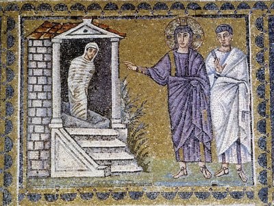 Lazarus uppståndelse, väggmosaik i kyrkan Saint Apollinar, Ravenna, 600-talet. av Byzantine School