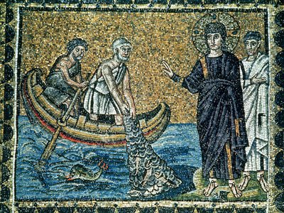 St. Andreas och St. Peter svarar på Jesu kallelse, från huvudskeppet (mosaik) av Byzantine School