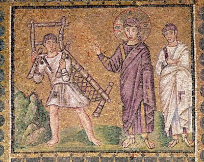 Healing of the paralytic of Kafernaum, scener ur Kristi liv (mosaik) av Byzantine School