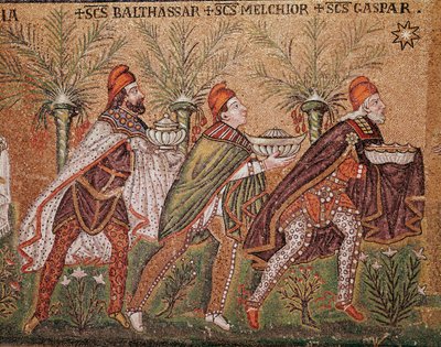 Tillbedjan av de vise männen (detalj av mosaik, 600-talet) av Byzantine School