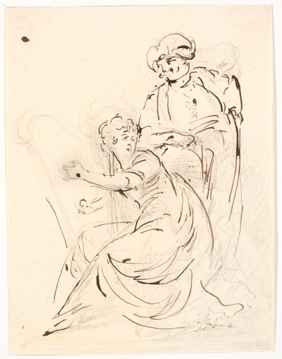 Harpaspelande dam. Bakom henne en man med turban av C.A. Lorentzen