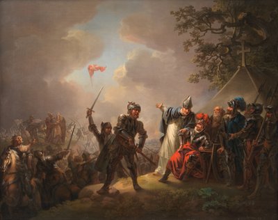 Legenden om den danska flaggan (Dannebrog) som faller från himlen under slaget vid Lyndanisse (Tallinn) i Estland 1219 av C.A. Lorentzen