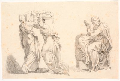 Två kvinnor i klassiska dräkter som bär en korg och en sibylla efter Michelangelo av C.A. Lorentzen