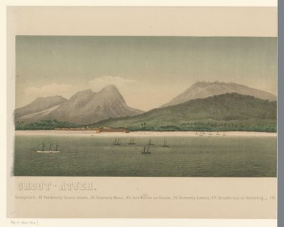 Utsikt över Greater Acehs kust, med flottan från den första Aceh-expeditionen utanför kusten, del tre The Greater Aceh Road (titel på objekt) av C.A. Whitten