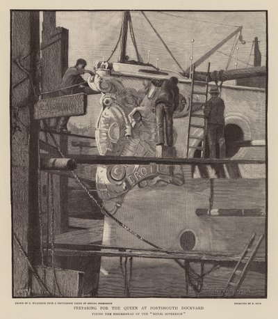 Förberedelser för drottning Victoria vid Portsmouths varv (gravyr) av C.A. Wilkinson