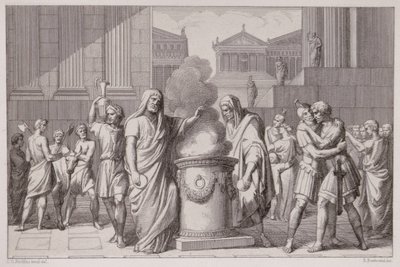 Mötet mellan Camillus och Manlius efter gallernas reträtt, graverad av B. Barloccini, 1849 av C.C Perkins