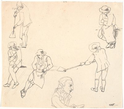 Skiss med sex mansfigurer, två med spadar, tre sittande och en mansprofil av C.D. Fritzsch