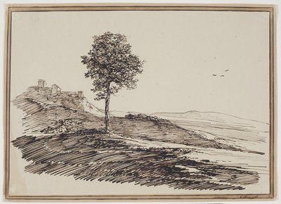 Bergslandskap med träd, i bakgrunden hus av C.F. von Rumohr