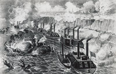 Amiral David Dixon Porters flotta kör rebellblockad på Mississippi i Vicksburg den 16 april av J.B. and Brown J. Rowbotham