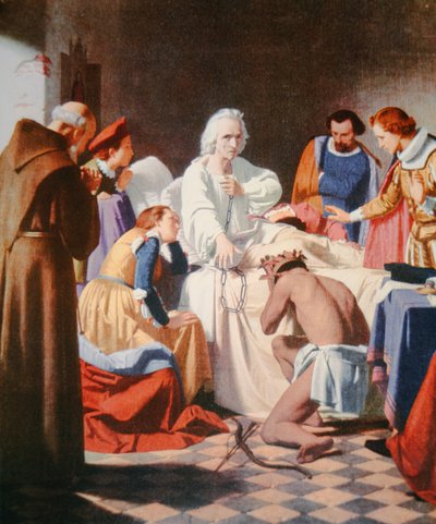 Columbus på sin dödsbädd, med kedjorna i vilka han återvände från sin tredje resa (färg litho) av J.B. and Brown J. Rowbotham