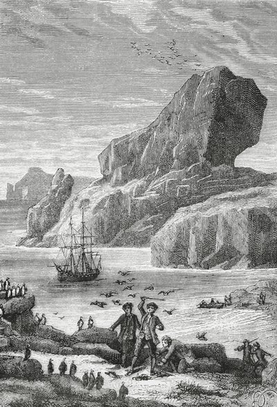 Upptäckten av Austral-Frankrike (Kerguelen-öarna) av den franske upptäcktsresanden Yves-Joseph de Kerguelen-Tremarec (1734-1797), februari 1772, gravyr, Indiska oceanen, territorium för franska södra och antarktiska länder av J.B. and Brown J. Rowbotham