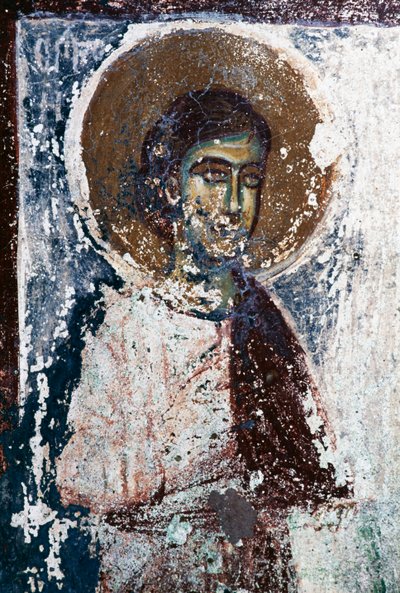 Helgonfigur, fresk i kyrkan Taxiarhon, Gamla Pyli, ön Kos, Grekland (foto) av J.B. and Brown J. Rowbotham