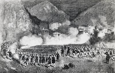 General Giacomo Medicis division attackerar Levico Terme, Trentino-Alto Adige, juli 1866, tredje frihetskriget, gravyr, Italien av J.B. and Brown J. Rowbotham
