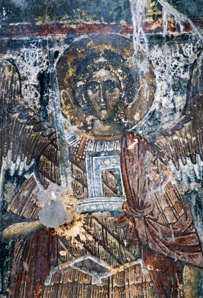 Häst, skadad freskomålning i taket i Agios Vasileios kyrka, Vavouledo, Kreta, Grekland (foto) av J.B. and Brown J. Rowbotham