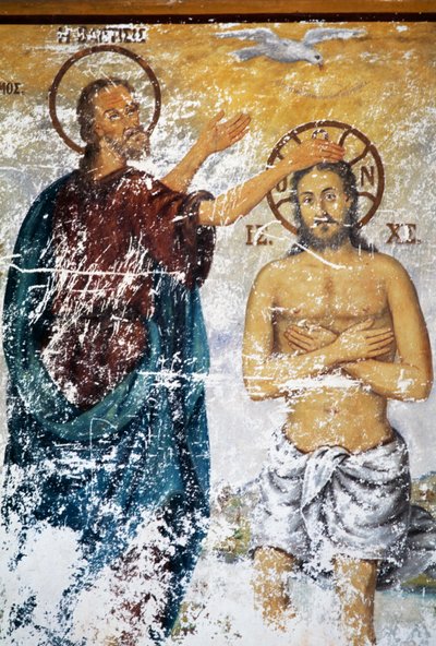 Jesus blir döpt av St John, fresk i kyrkan i klostret St John Theologian (Unescos världsarvslista av J.B. and Brown J. Rowbotham