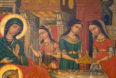 Madonna och kvinnor som bär mat, Arkadi, Kreta, Grekland (foto) av J.B. and Brown J. Rowbotham