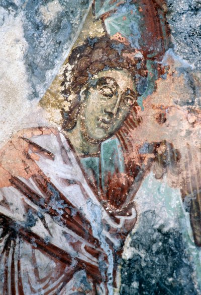 Manlig figur, skadad fresco i taket på Agios Vasileios kyrka, Vavouledo, Kreta, Grekland (foto) av J.B. and Brown J. Rowbotham