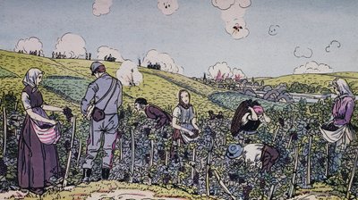 Våra vinodlare skördade under eld, skörden i regionen Champagne 1914, första världskriget, Frankrike, 1900-talet av J.B. and Brown J. Rowbotham