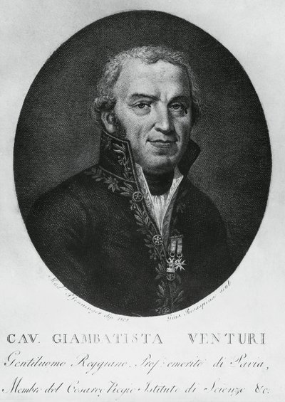 Porträtt av Giovanni Battista Venturi (1746-1822), italiensk fysiker, diplomat, vetenskapshistoriker och upptäckare av Venturi-effekten, gravyr av J.B. and Brown J. Rowbotham